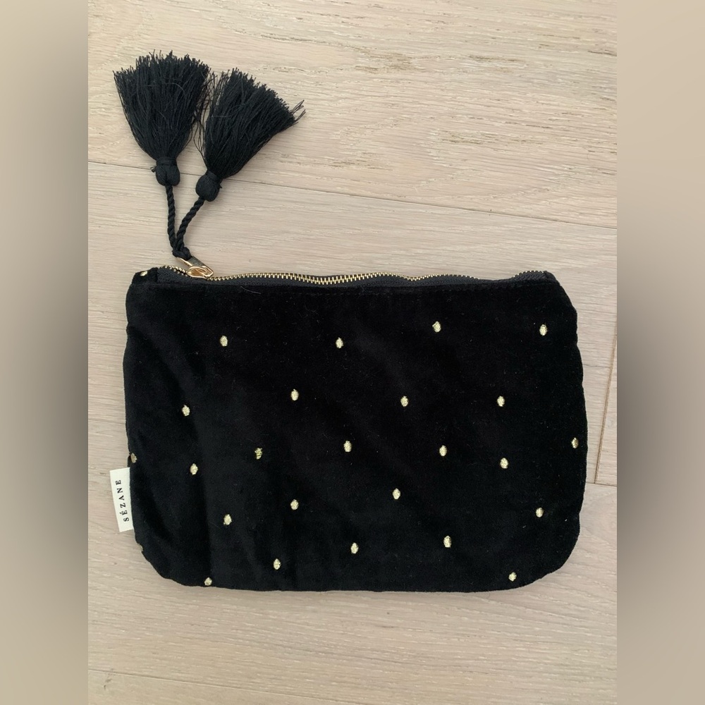 Sézane Black Velvet Pouch with Gold Dot Embroidery
